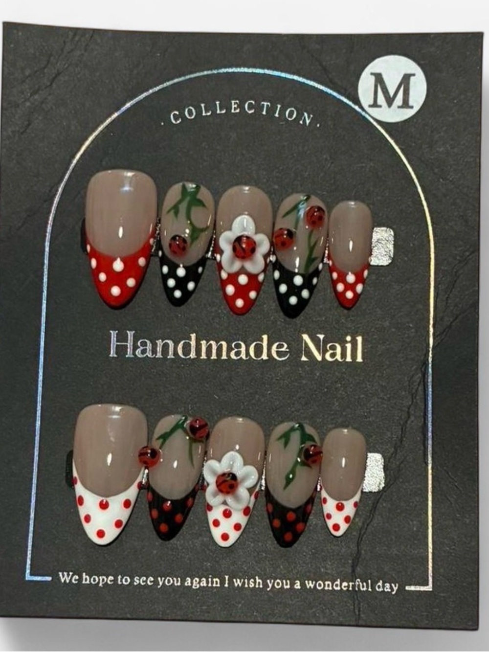 Handmade red & black polka dot ladybug nail set size M